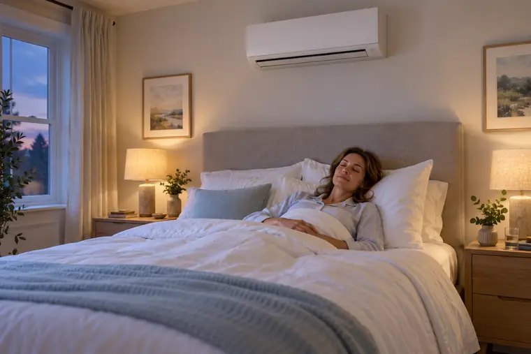 A woman sleeping peacefully in a softly lit bedroom with a wall-mounted air conditioning unit