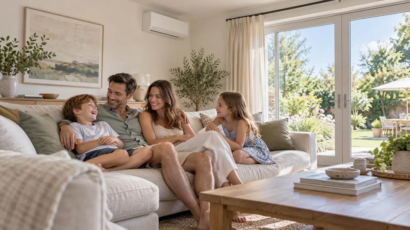 A family relaxing together on the sofa in a bright living room, with a slim air conditioning unit on the wall
