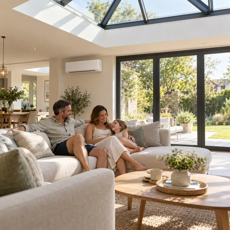 A family relaxing in a bright open-plan extension with an air conditioning unit on the wall
