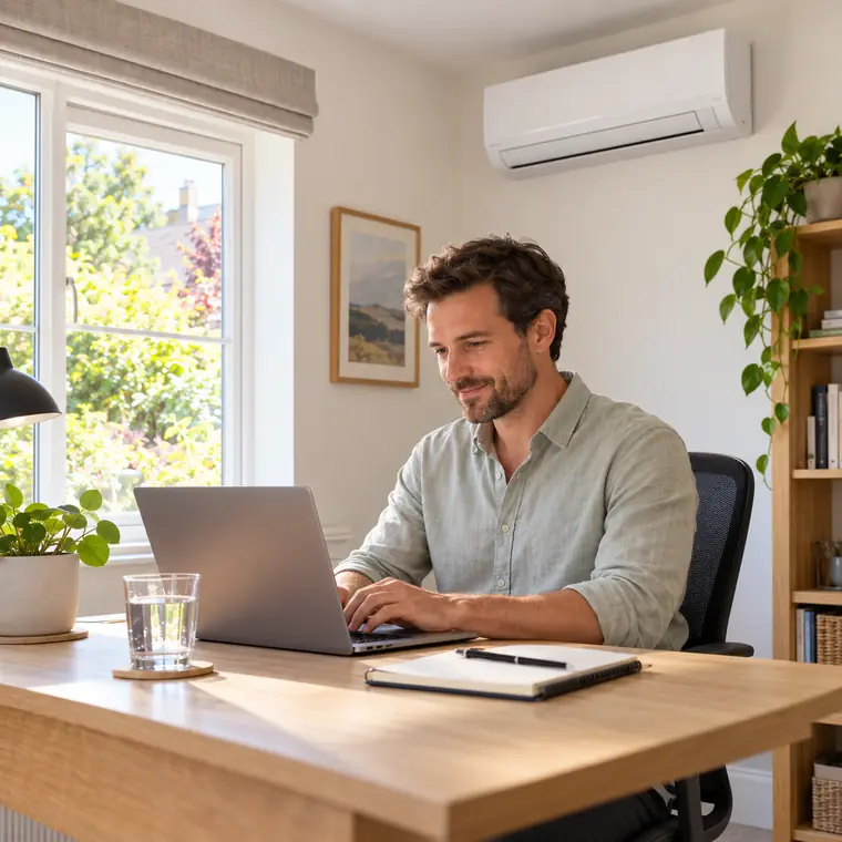 A man working comfortably at his desk in a bright home office with a discreet air conditioning unit