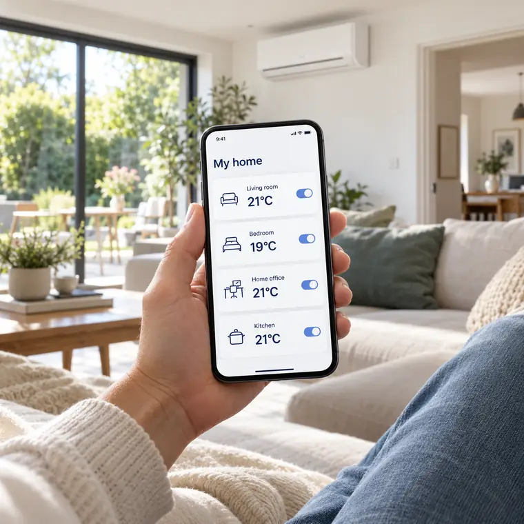 A phone app showing separate temperatures for the living room, bedroom, home office and kitchen